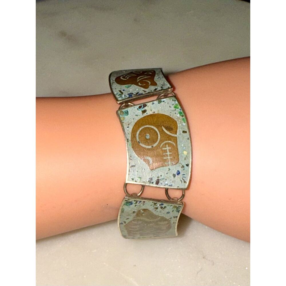 Vintage Sterling Silver Brass Turquoise Inlay Panel Bracelet Hencho En Mexico - Picture 7 of 14